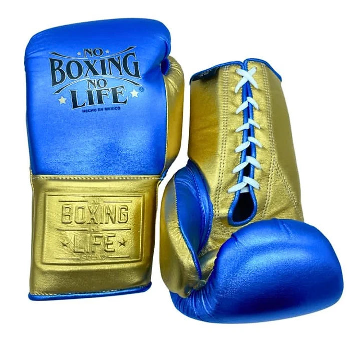 No Boxing No Life Training Gloves 16oz Metallic Blue Gold Earl s Fight Shop Inc