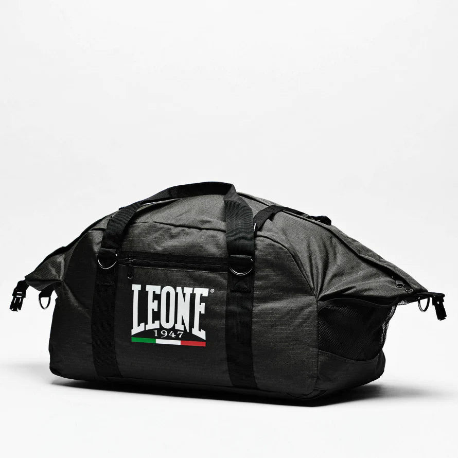 Leone Sport Backpack Bag with Retractable Straps Full ViewLeone Black Edition Backpack Bag - Boxing gym bag with sturdy shoulder straps Front View