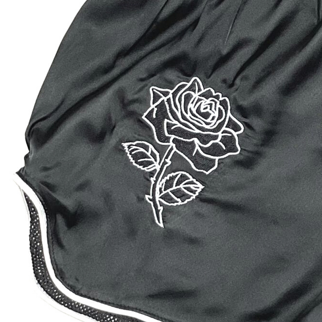 Rose Retro Boxing Shorts with Embroidery Black