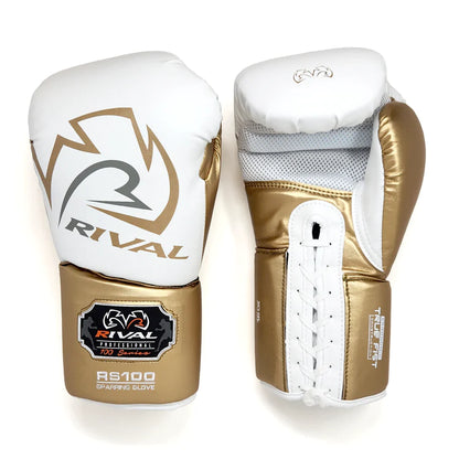 RS100 Sparring Glove: Professional boxing gear, hand protection White Gold Front and Back View