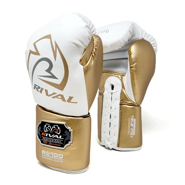 RS100 Sparring Glove: Professional boxing gear, hand protection White and Gold View