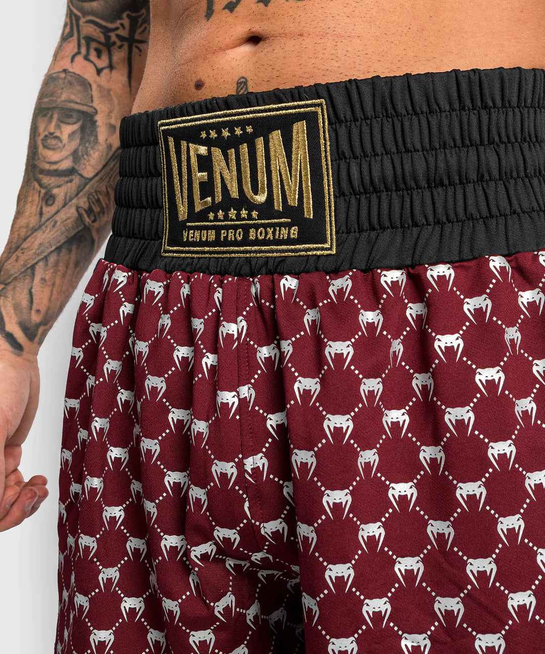 Monogram Boxing Shorts by Venum - Lightweight, Stylish. Red Closeup View