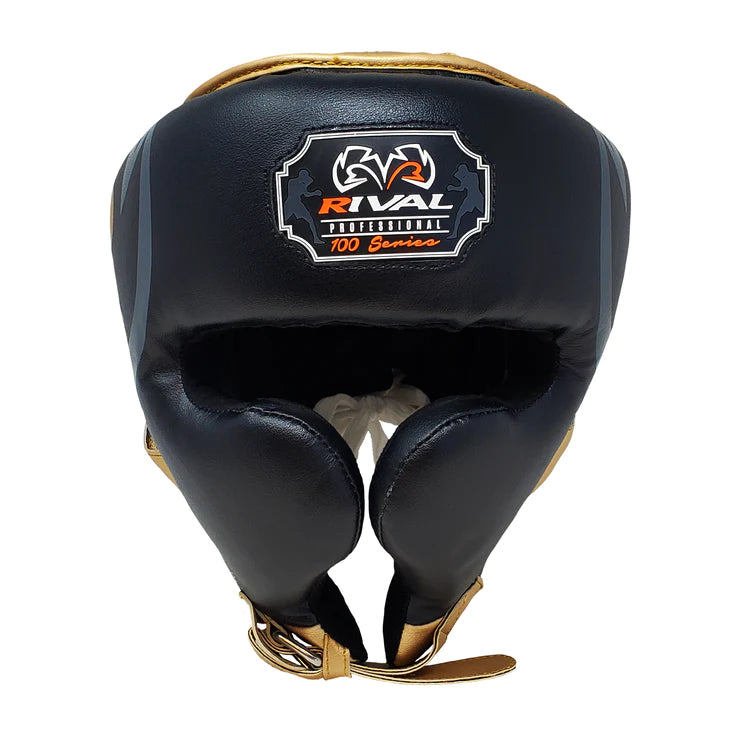 Rival RHG100 Professional Headgear - Boxing Gear Black and Gold Front View