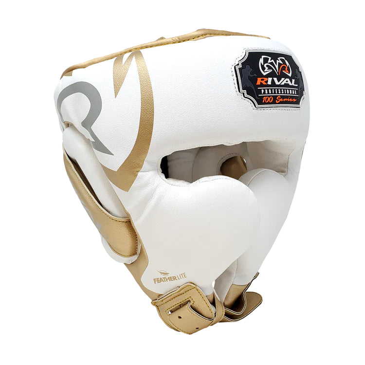 Rival RHG100 Professional Headgear - Boxing Gear White and Gold Front View