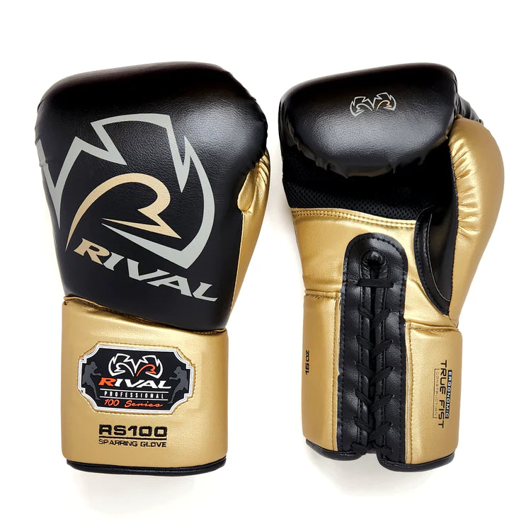 RS100 Sparring Glove: Professional boxing gear, hand protection Black and Gold Main View