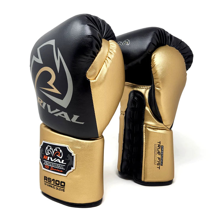 RS100 Sparring Glove: Professional boxing gear, hand protection Black and Gold Front and Back View